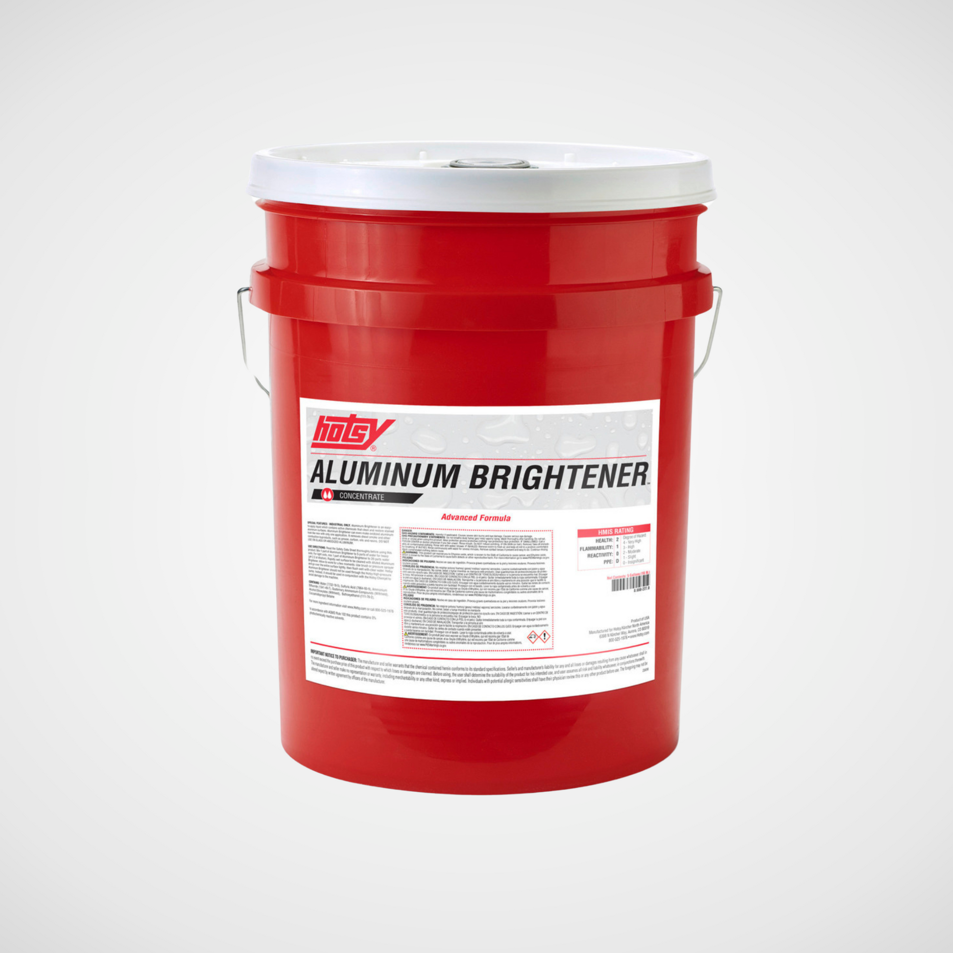 Advanced Formula Aluminum Brightener Detergent in a red 5 gallon bucket