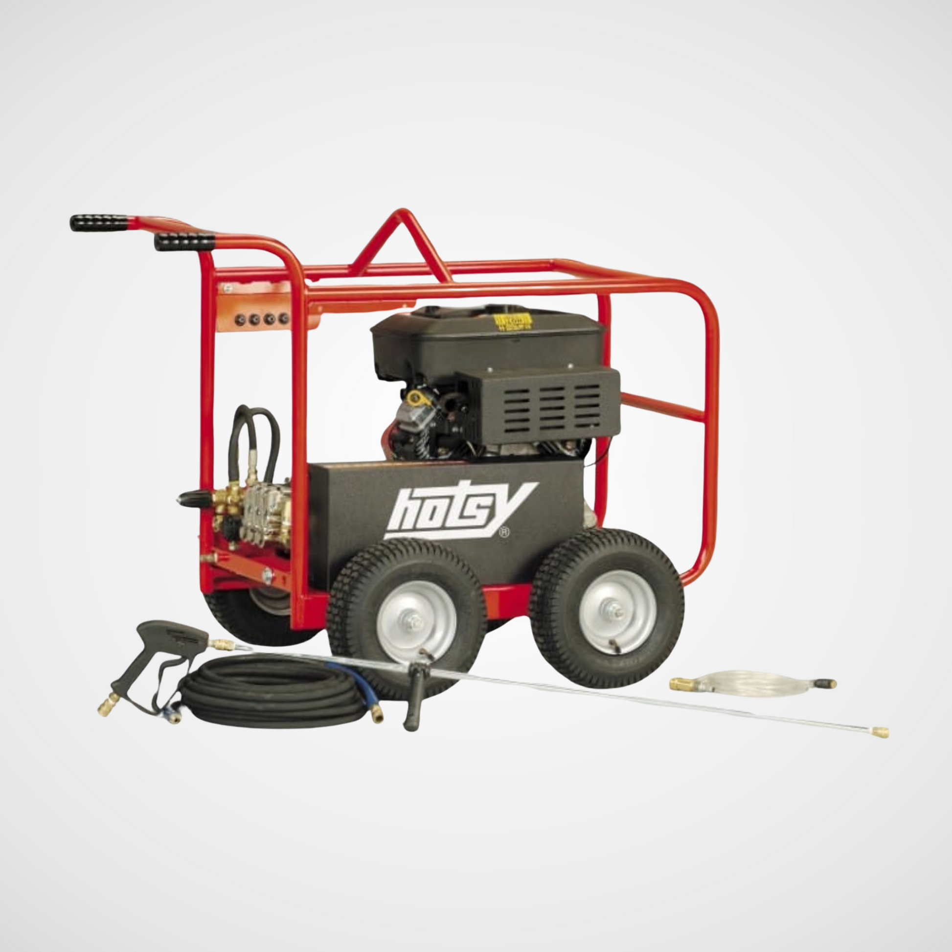 BD Hotsy Cold Water Gas Pressure Washer model shown with 4 wheels, hose, and wand.