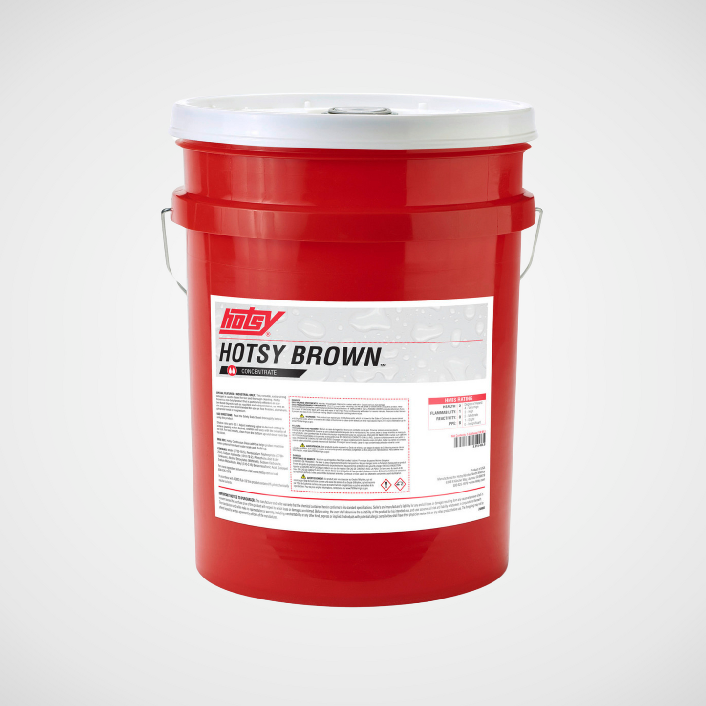 Hotsy Brown detergent in a red 5 gallon bucket