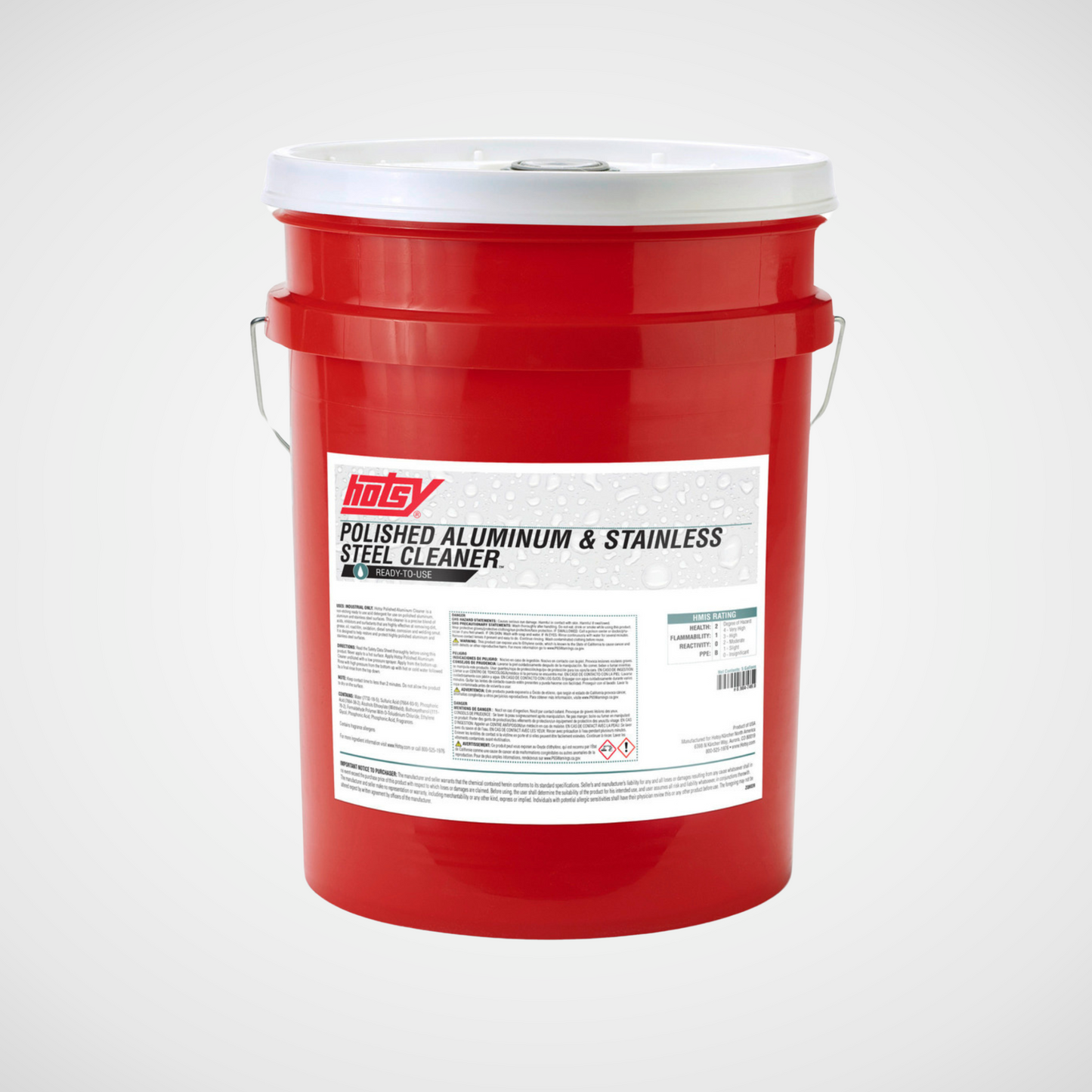 Hotsy Polished aluminum and stainless steel cleaner in a red 5 gallon bucket