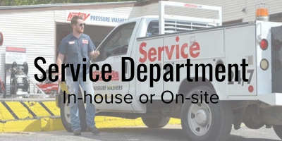 Man walking to a service truck with text overlay reading Service Department In-house or On-site
