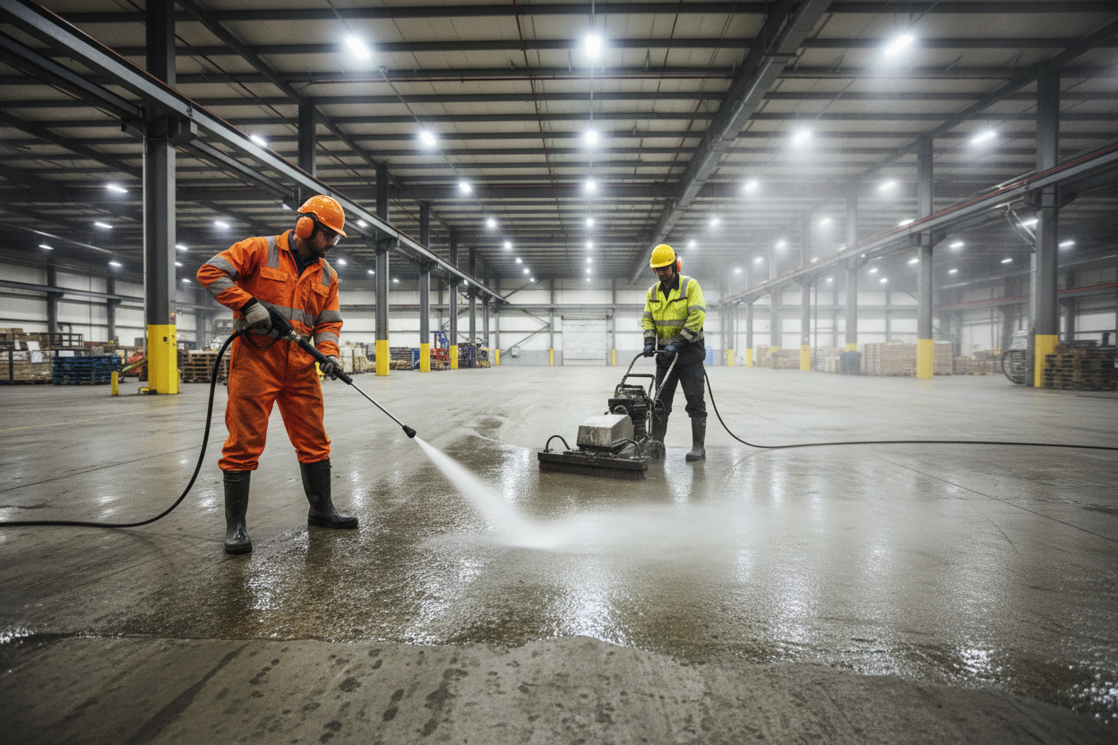Two workers in a large warehouse using power washing equipment on the floor.