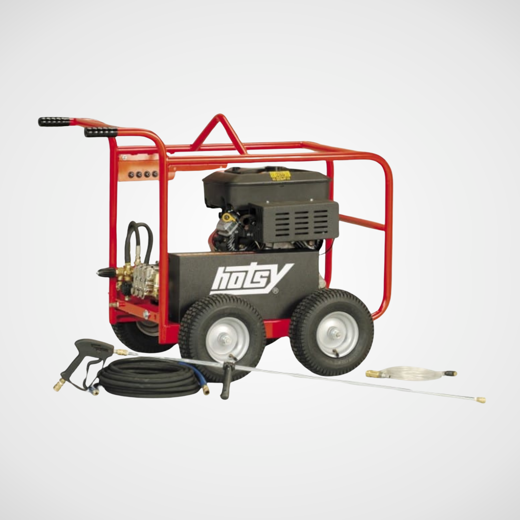 BD Hotsy Cold Water Gas Pressure Washer model shown with 4 wheels, hose, and wand.