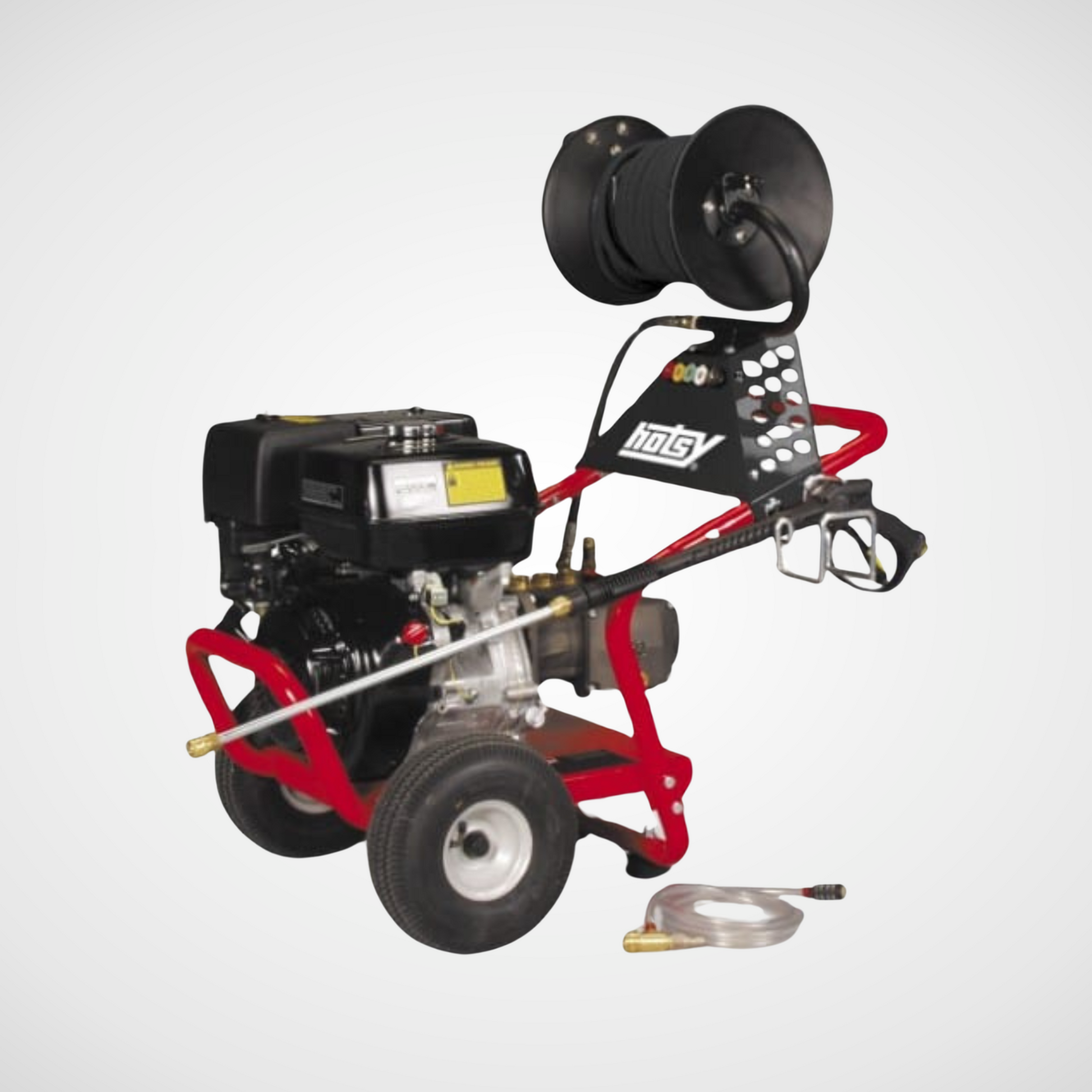 Hotsy DB Series Cold Water Pressure Washer with wand, hose, and hose reel on 2 wheels