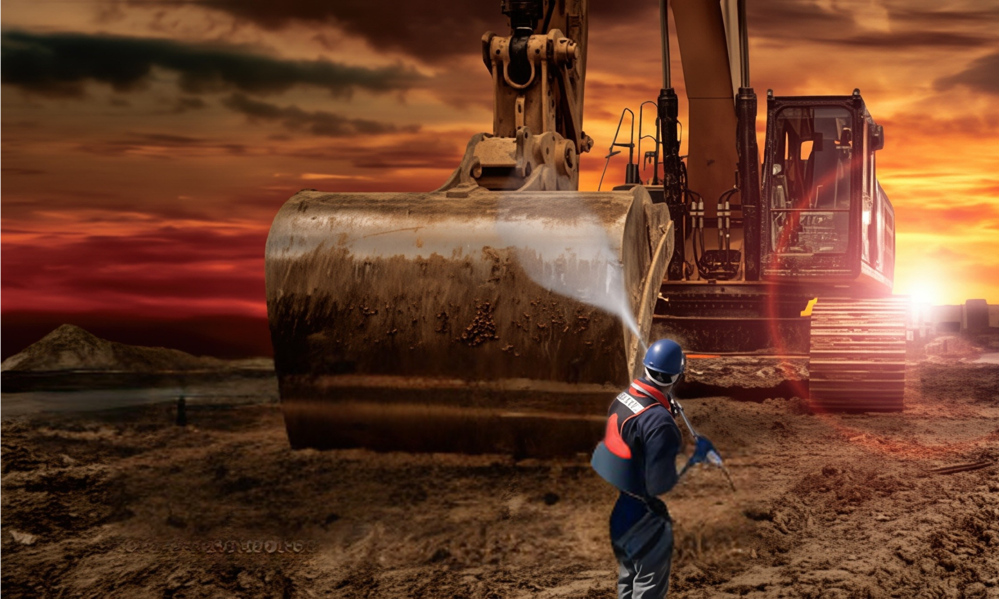 Person using a high-pressure washer on an excavator against a dramatic sunset sky