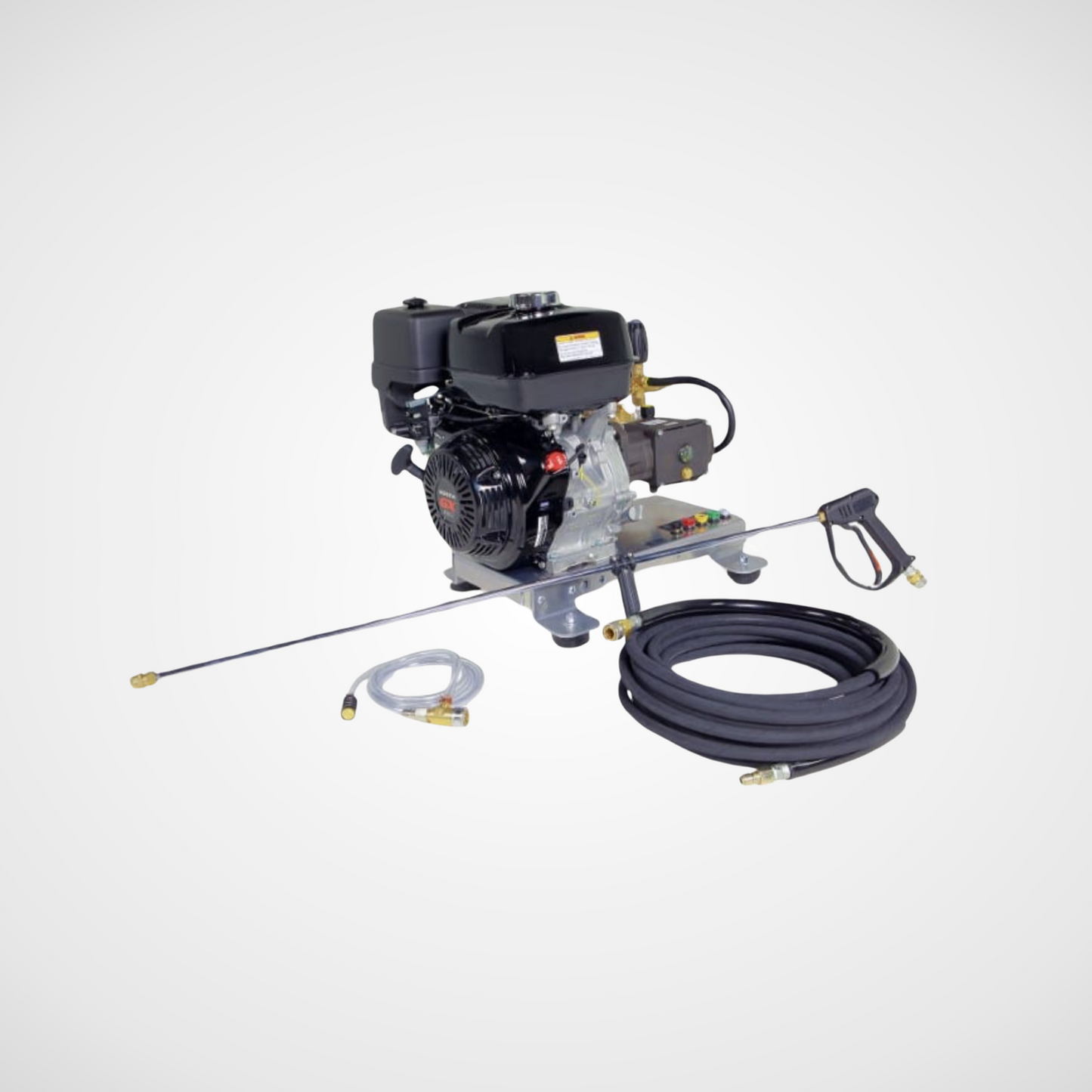 HOTSY HD SERIES GAS PLUS COLD WATER PRESSURE WASHER SHOWN WITH HOSE AND WAND