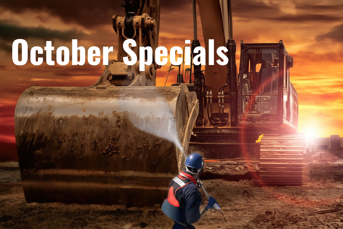 Excavator with a worker in front, sunset background, 'October Specials' text.