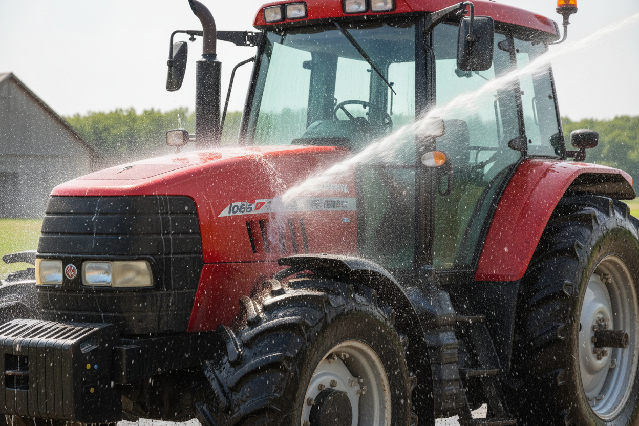 Red tractor being power warshed.