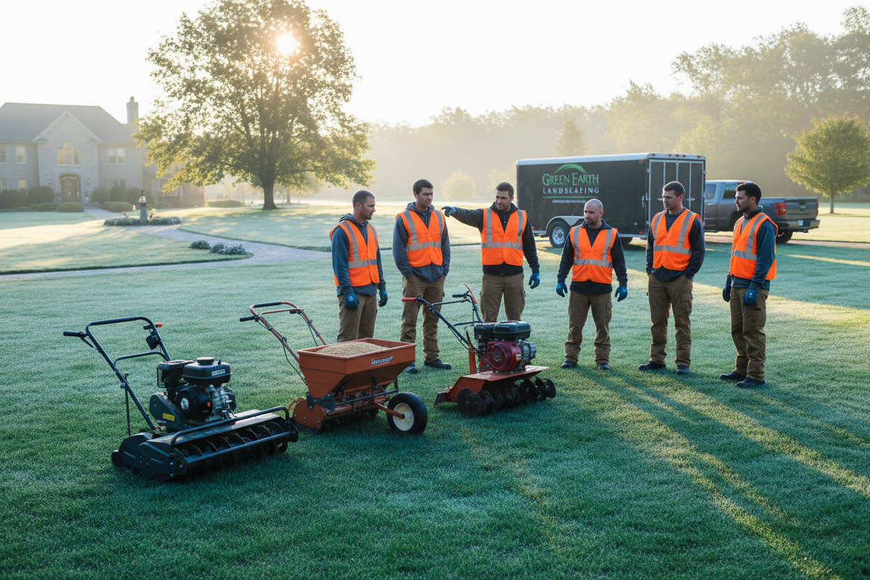 Group of workers in orange vests with lawn maintenance equipment on a grassy field.