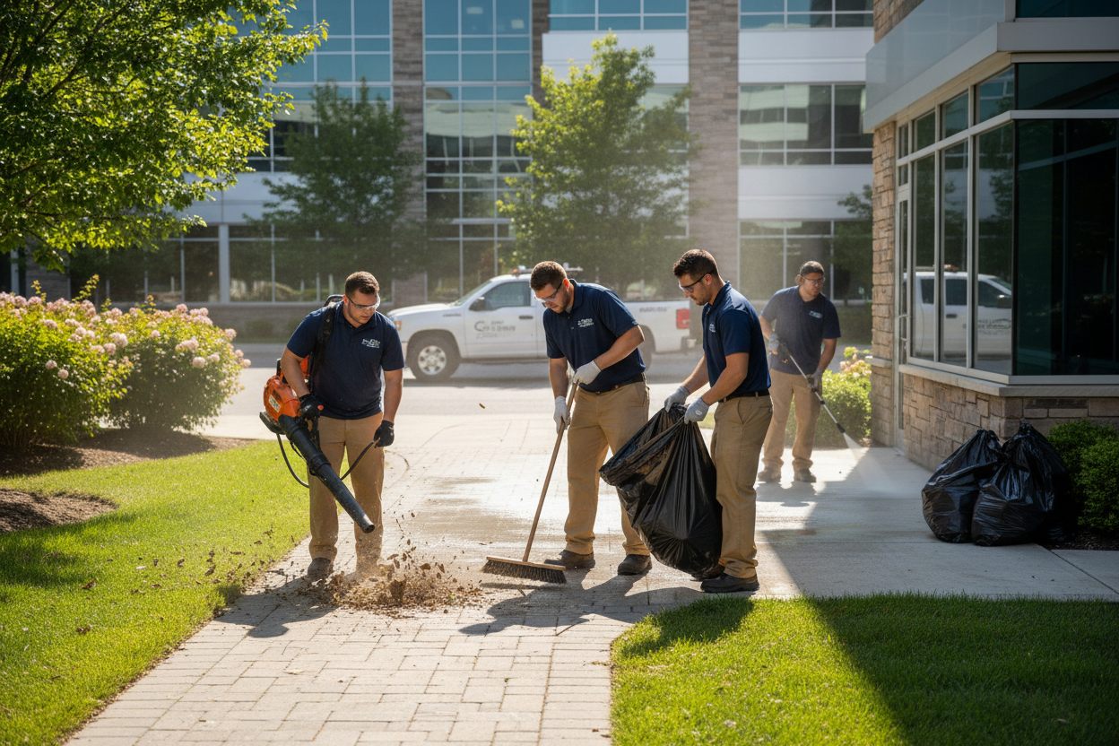 Four workers cleaning up outside a building with trash bags and cleaning tools.