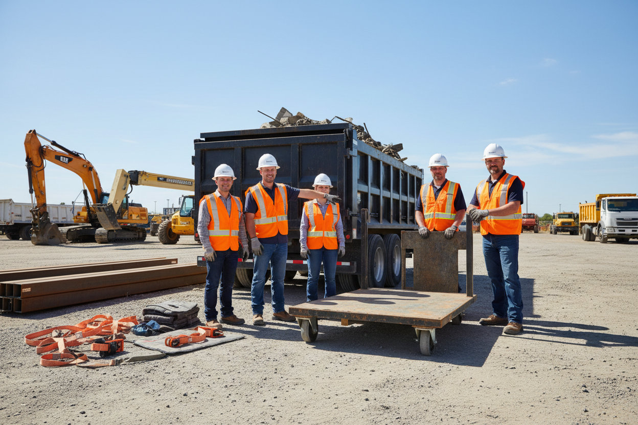 Four construction workers in safety vests and hard hats standing in front of a dump truck on a construction site.