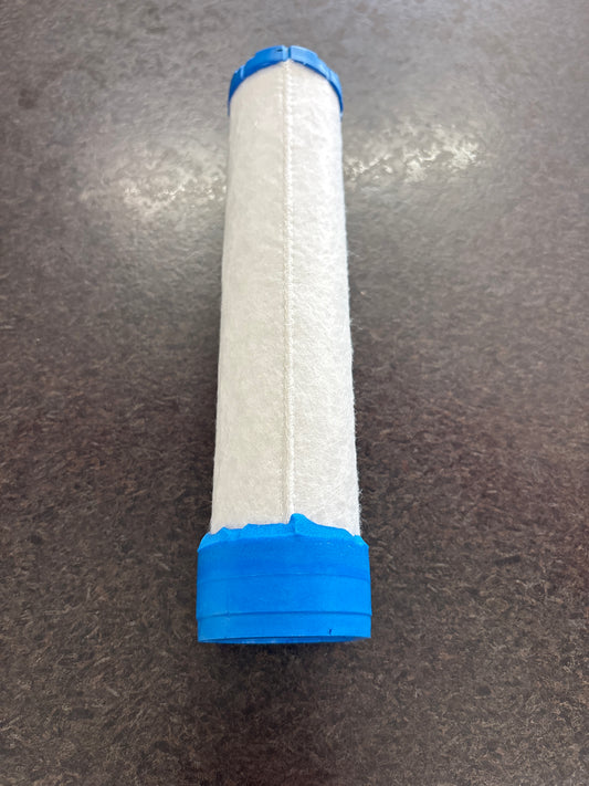 Water filter cartridge with blue ends on a gray background
